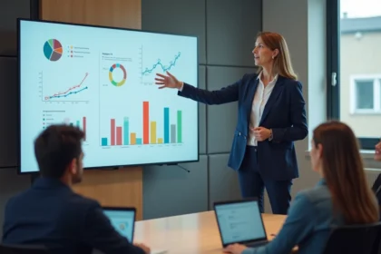 Enseignante utilisant un tableau interactif numérique dans une salle de classe moderne pour illustrer l'innovation pédagogique