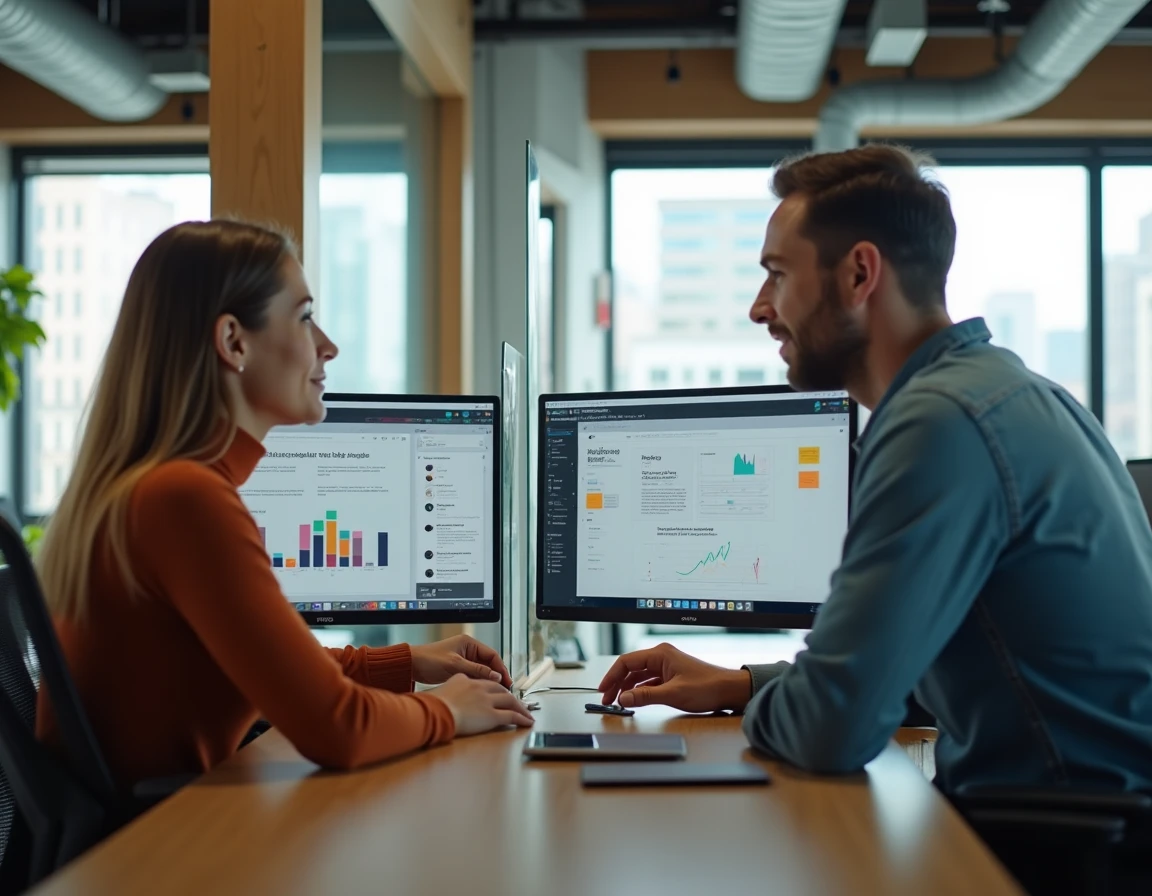 Deux collègues collaborant sur les nouvelles fonctionnalités d'une webapp dans un bureau de startup moderne