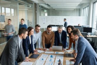 Groupe de professionnels en réunion dans un bureau moderne