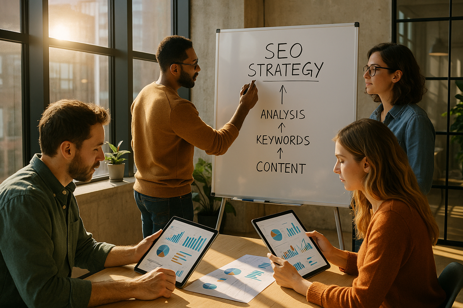 Equipe créative élaborant une stratégie SEO en réunion