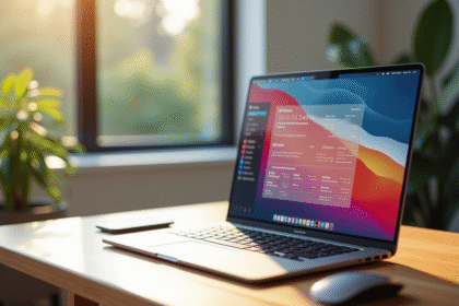 Espace de travail numérique moderne avec ordinateur lumineux