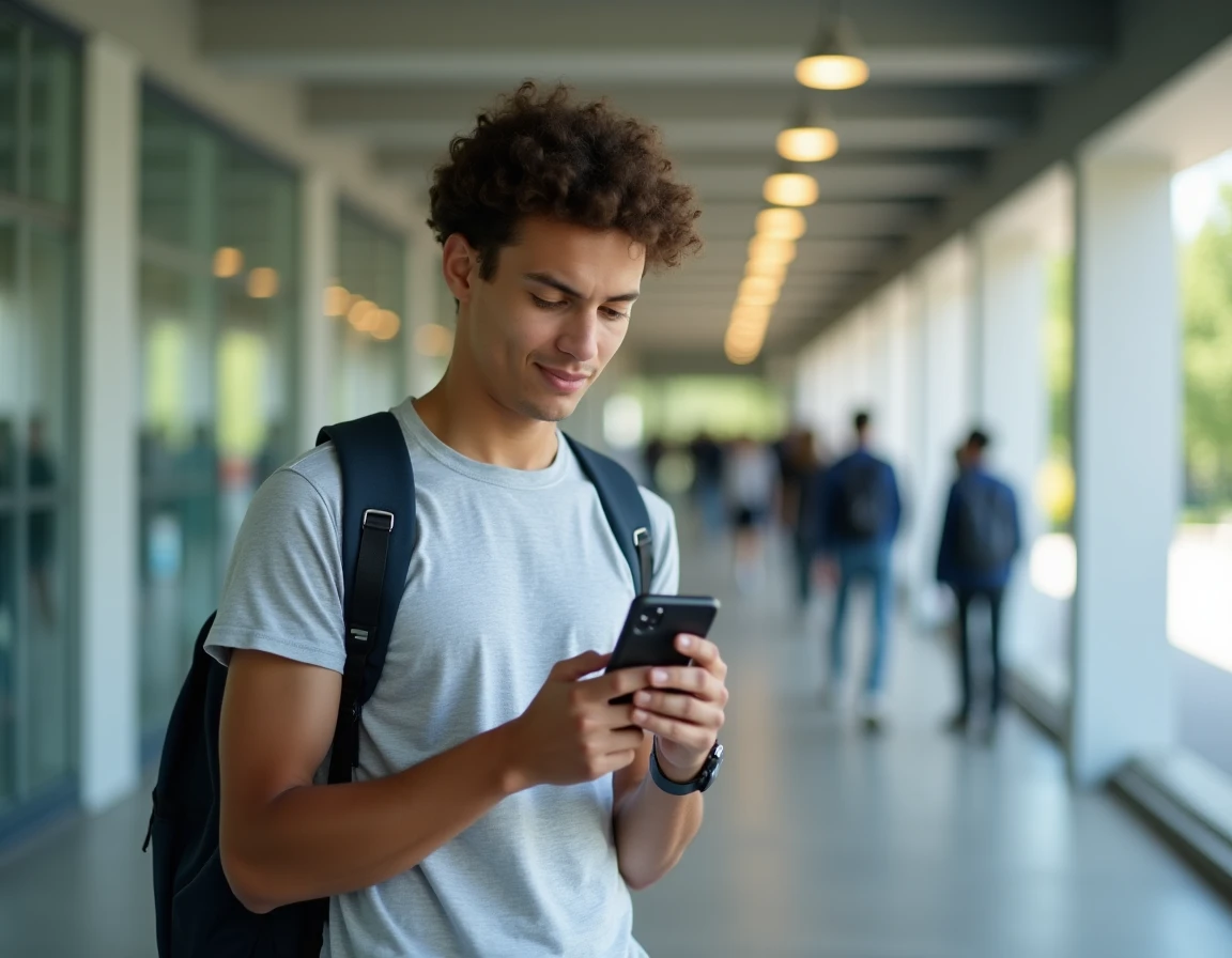 Étudiant consultant le portail eservice UHA sur son smartphone dans les couloirs de l'université en rentrée