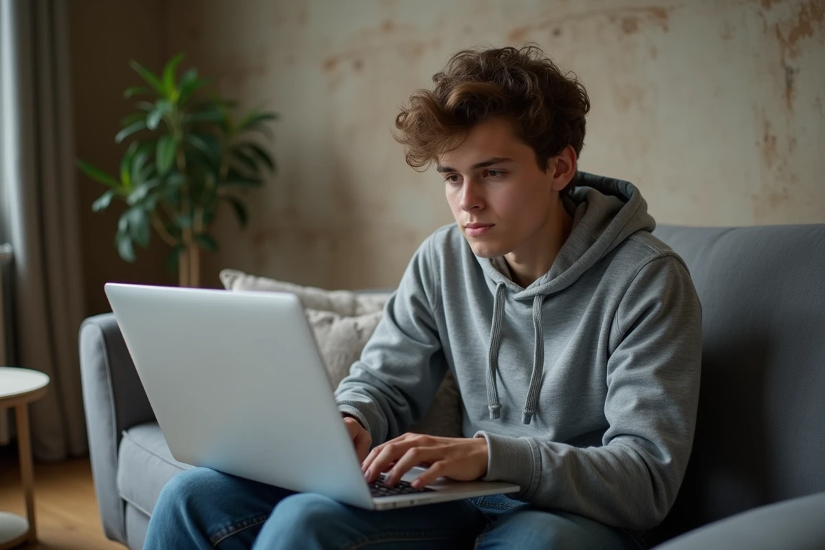 Étudiant consultant son webmail depuis son canapé à la maison avec un ordinateur portable