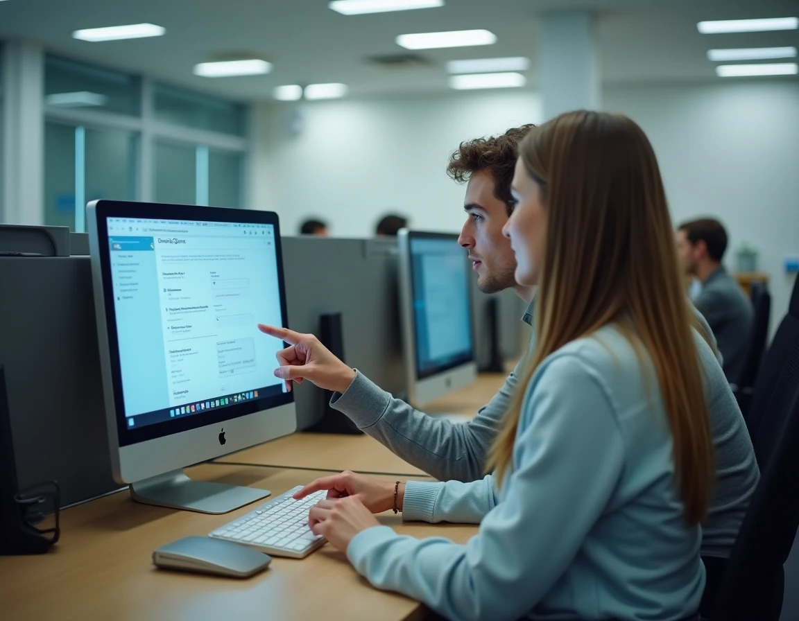 Deux étudiants configurant ensemble le service en ligne eservice UHA dans une salle informatique universitaire