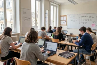 Étudiants en informatique devant leurs ordinateurs dans une salle de cours parisienne