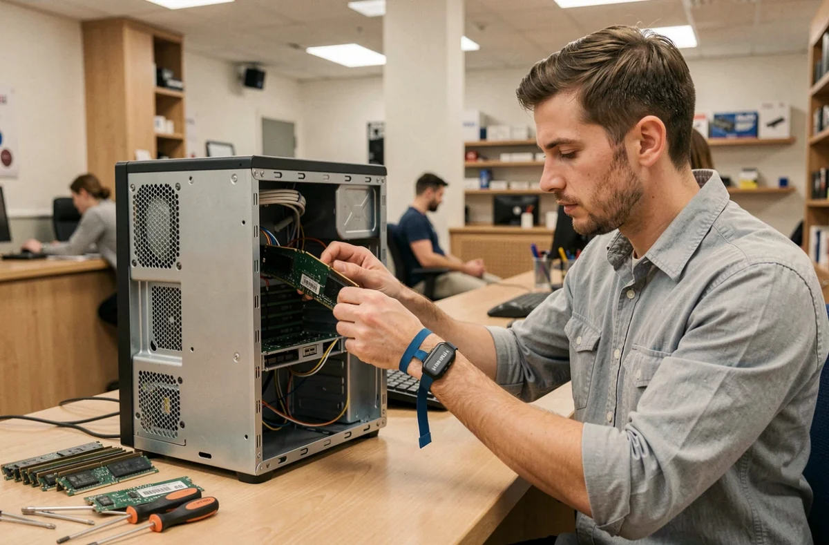 Technicien d'EvoPC Informatique à Nancy en train d'installer de la RAM dans un ordinateur de bureau