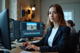 Experte multimédia travaillant sur des logiciels de montage vidéo et motion design dans un studio moderne en 2026