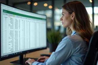 Femme au bureau examinant un tableau Excel pour audit des doublons