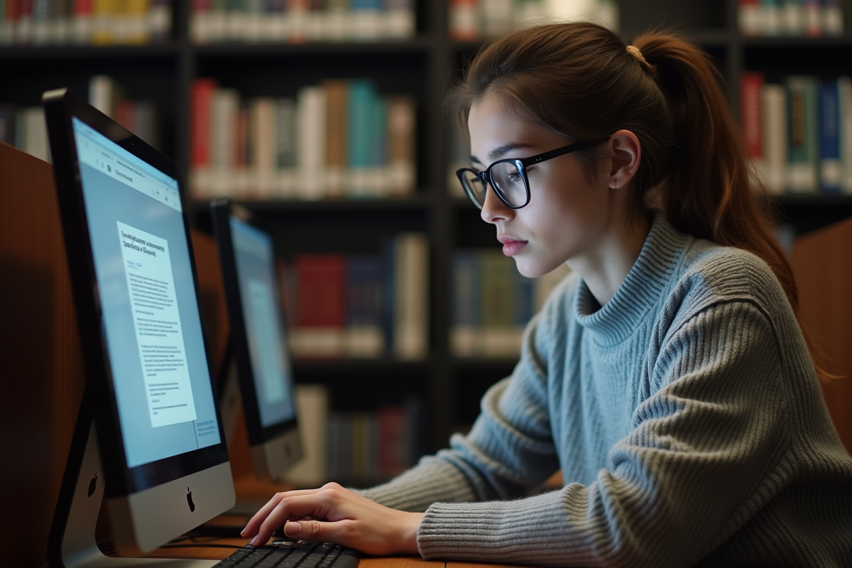Jeune femme vérifiant un rapport antivirus à la bibliothèque