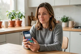 Femme utilisant une application anti-démarchage sur smartphone Android dans une cuisine moderne en 2026