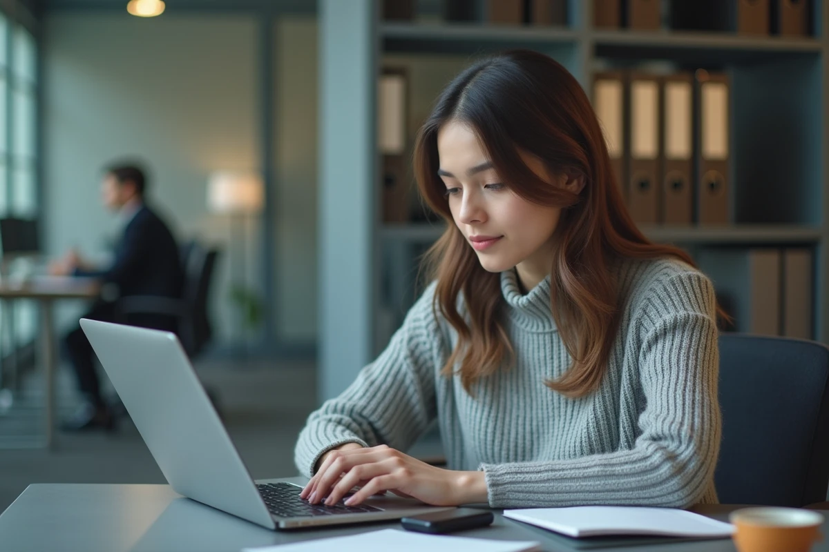 Jeune femme archivant des e-mails sur son ordinateur dans un bureau moderne