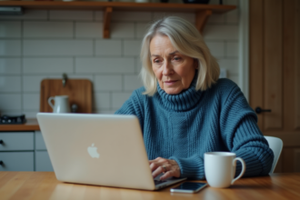Femme d age moyen utilisant un ordinateur portable à la maison