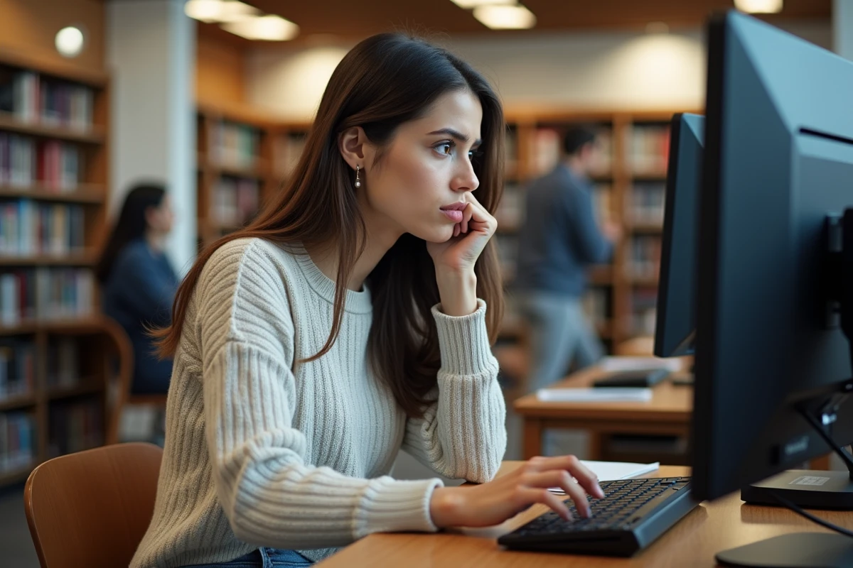 Jeune femme à la bibliothèque utilisant un ordinateur
