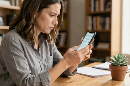 Femme cherchant le bouton actualiser sur Google Chrome mobile sur un smartphone Android dans un bureau à domicile