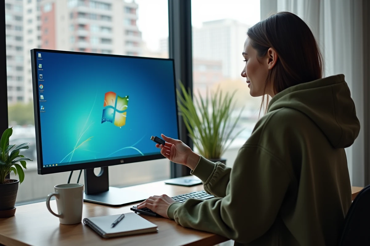 Femme en hoodie vert installant Windows 7 sur un écran d