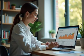 Femme en bureau analysant un tableau de bord numérique