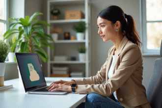Jeune femme professionnelle utilisant un ordinateur dans un bureau lumineux