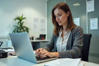 Femme au bureau en pleine conversation sur son ordinateur
