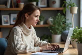 Femme d'âge moyen travaillant à domicile sur un ordinateur portable