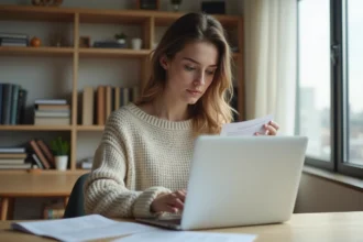 Jeune femme au bureau consulte un document numérique