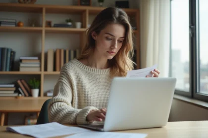 Jeune femme au bureau consulte un document numérique