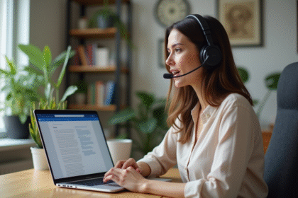 Femme au bureau avec ordinateur et casque pour télétravail