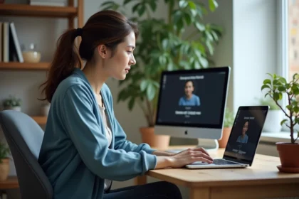 Femme concentrée travaillant sur son ordinateur dans un bureau calme