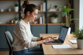 Femme assise à un bureau moderne utilisant un ordinateur portable