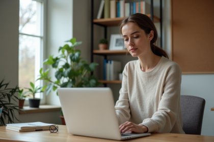 Femme au bureau parlant dans un micro d'ordinateur