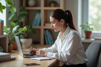 Femme travaillant sur son ordinateur dans un bureau moderne