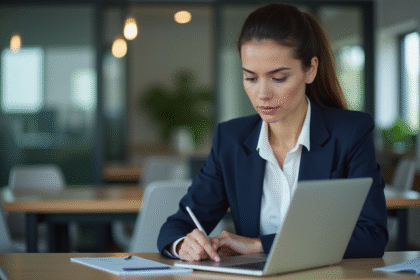 Femme professionnelle en bureau regardant un rapport