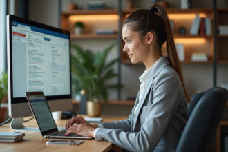 Jeune femme au bureau tapant sur un ordinateur portable