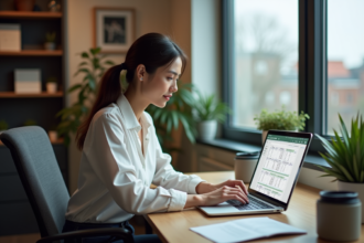 Femme au bureau utilisant un ordinateur avec une checklist Excel