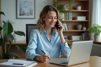 Femme au bureau parlant au smartphone dans un bureau cosy
