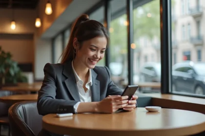 Femme utilisant son smartphone dans un café moderne