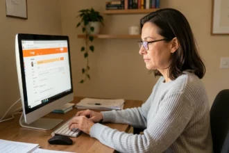 Femme configurant une boîte mail Orange sur un ordinateur de bureau à domicile