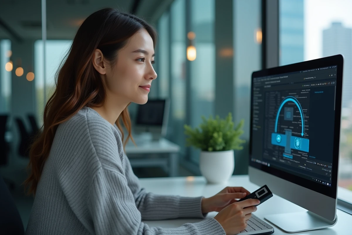 Jeune femme connectant un disque dur à un ordinateur en milieu professionnel