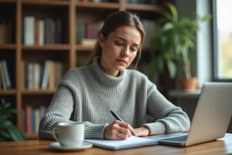 Femme prenant des notes de conversion Go Mo sur un cahier à son bureau avec un ordinateur portable ouvert