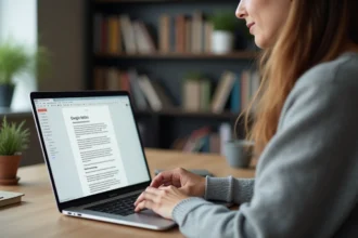 Femme utilisant Google Docs pour créer une table des matières sur un ordinateur portable dans un bureau à domicile organisé