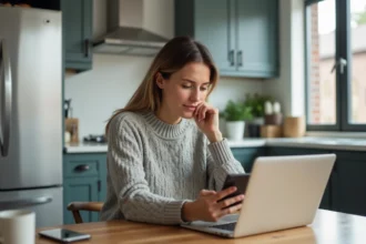 Femme réfléchie utilisant son ordinateur portable dans une cuisine moderne