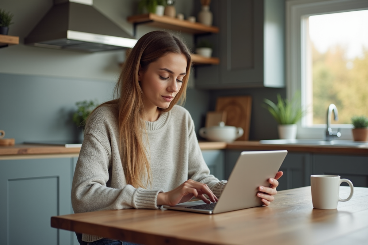 Jeune femme utilisant une tablette dans une cuisine contemporaine