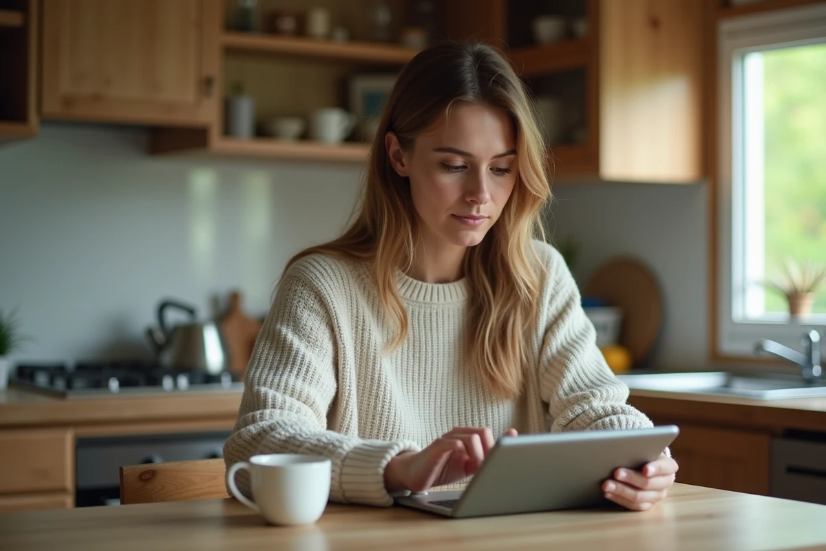 Jeune femme vérifiant ses emails sur une tablette à la maison