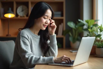 Jeune femme dyslexique utilisant une extension de correction grammaticale sur son ordinateur portable à son bureau à domicile
