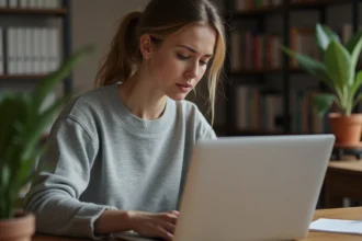 Femme consultant et gérant son historique Google sur un ordinateur portable dans un bureau à domicile