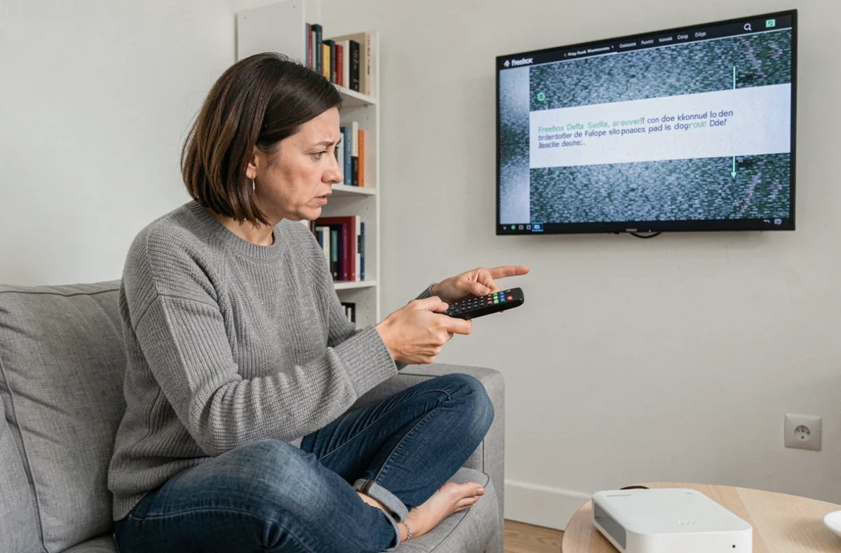 Femme inspectant le message d'erreur 20 FF affiché sur son interface Freebox
