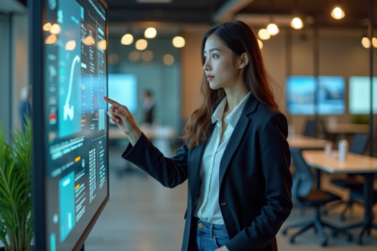 Jeune femme en blazer interactant avec un écran tactile dans un bureau moderne