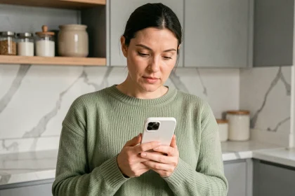 Femme tenant un iPhone SE compact dans une cuisine moderne, illustrant le futur de la gamme Apple abordable en 2026