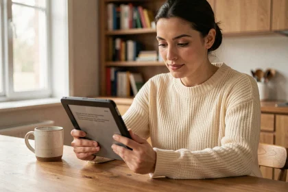 Femme lisant un livre au format Kindle sur sa liseuse électronique à la maison avec un café