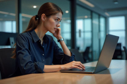 Jeune femme en blouse bleue travaillant sur un ordinateur en sécurité informatique
