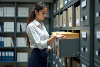 Femme professionnelle triant des dossiers dans un bureau organisé